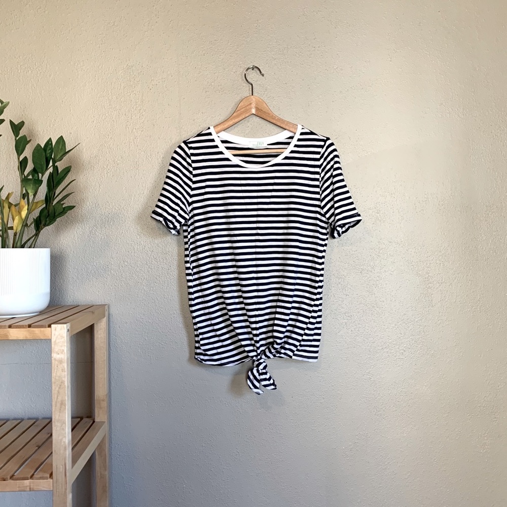 Green Envy Navy & White Striped Tie Front Knot Top